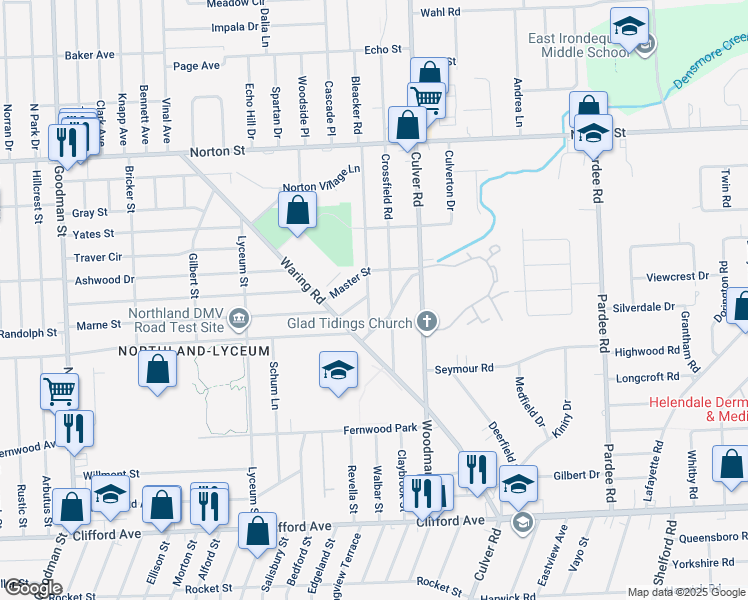 map of restaurants, bars, coffee shops, grocery stores, and more near 42 Elbert Street in Rochester