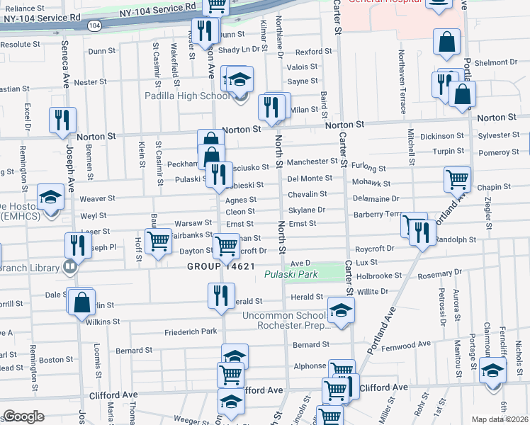 map of restaurants, bars, coffee shops, grocery stores, and more near 98 Cleon Street in Rochester