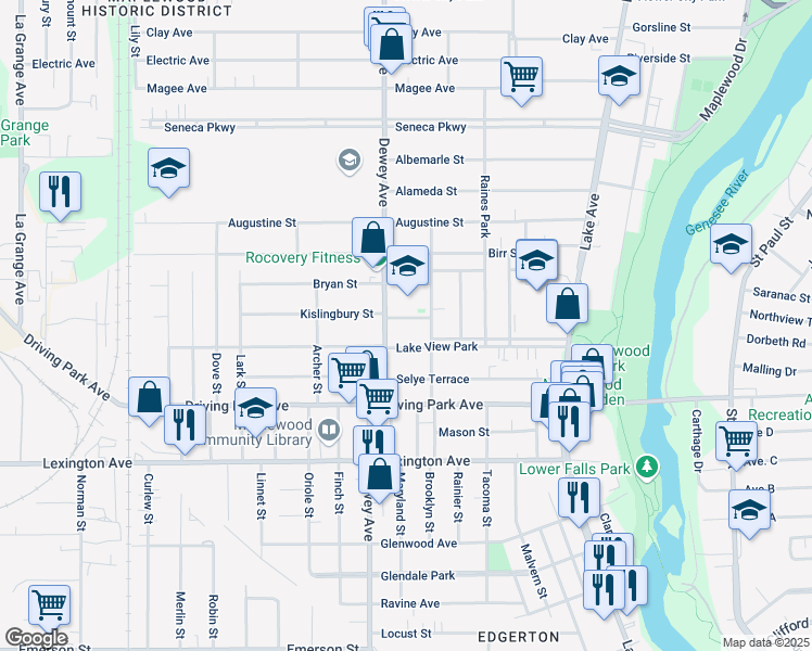 map of restaurants, bars, coffee shops, grocery stores, and more near 960-964 Dewey Avenue in Rochester