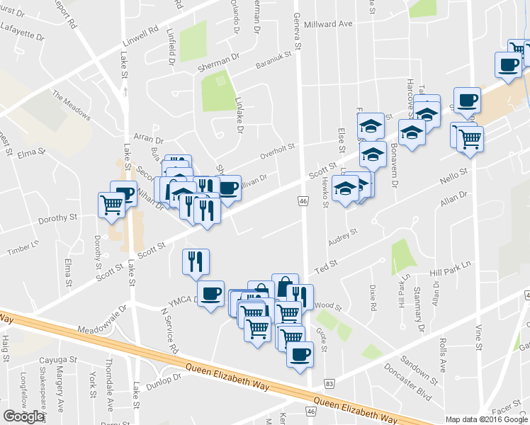 map of restaurants, bars, coffee shops, grocery stores, and more near in St. Catharines