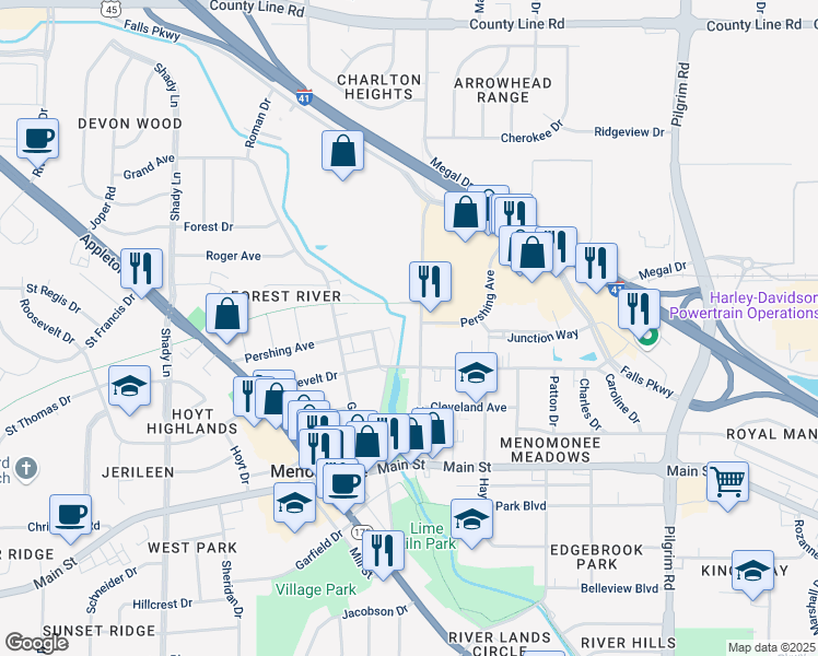 map of restaurants, bars, coffee shops, grocery stores, and more near N91W16480 Pershing Avenue in Menomonee Falls