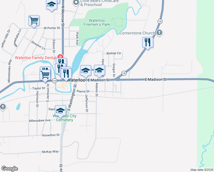 map of restaurants, bars, coffee shops, grocery stores, and more near 226 East Madison Street in Waterloo