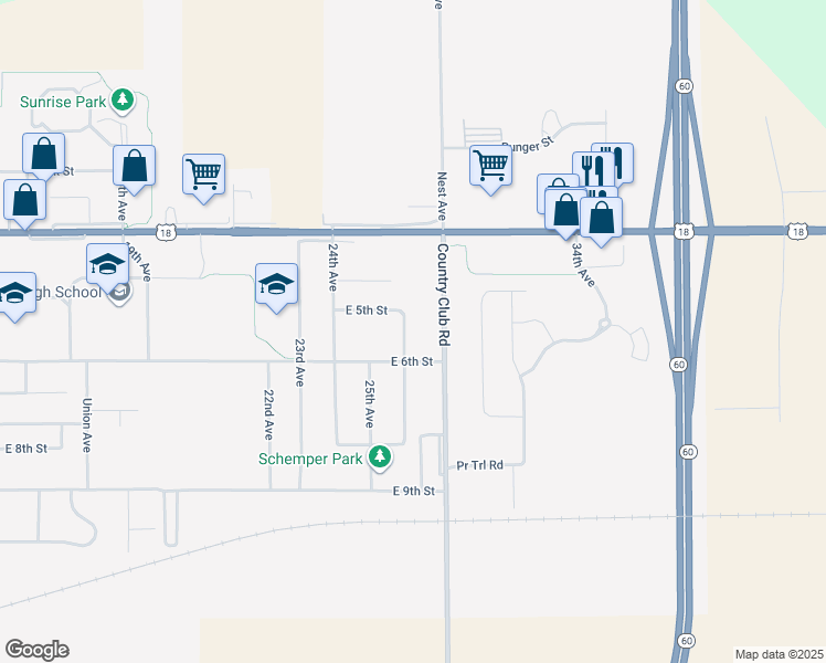 map of restaurants, bars, coffee shops, grocery stores, and more near 520 Country Club Road in Sheldon