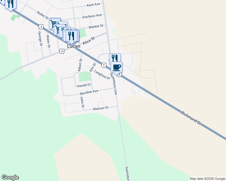map of restaurants, bars, coffee shops, grocery stores, and more near 111 Nicoline Avenue in Lucan
