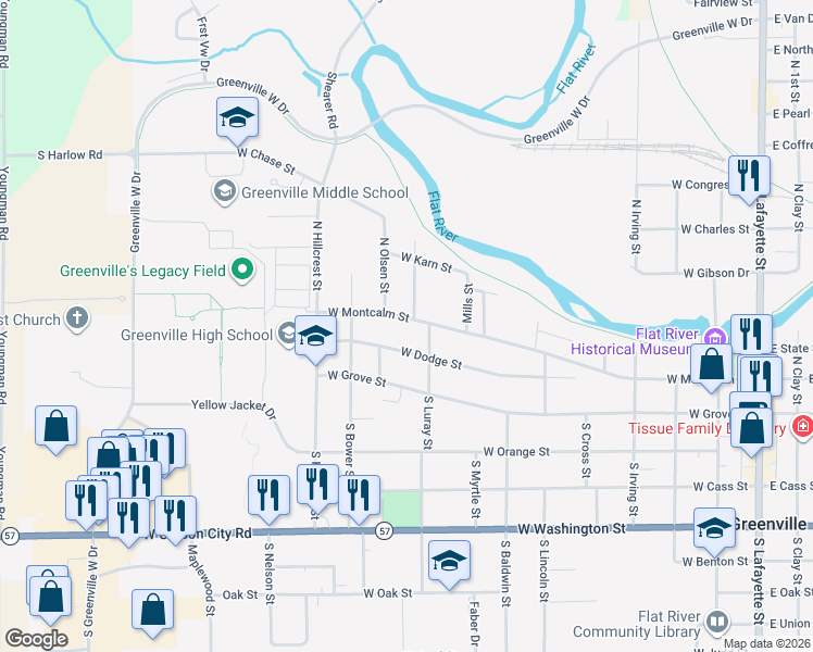 map of restaurants, bars, coffee shops, grocery stores, and more near 917 West Montcalm Street in Greenville