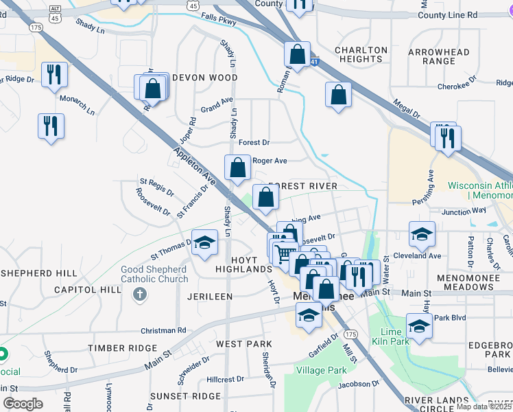 map of restaurants, bars, coffee shops, grocery stores, and more near N91W17174 Appleton Avenue in Menomonee Falls