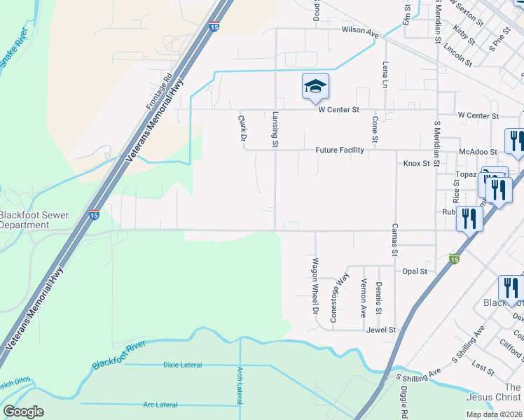 map of restaurants, bars, coffee shops, grocery stores, and more near 801-1199 Lansing Street in Blackfoot