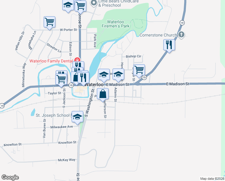 map of restaurants, bars, coffee shops, grocery stores, and more near 434 East Madison Street in Waterloo