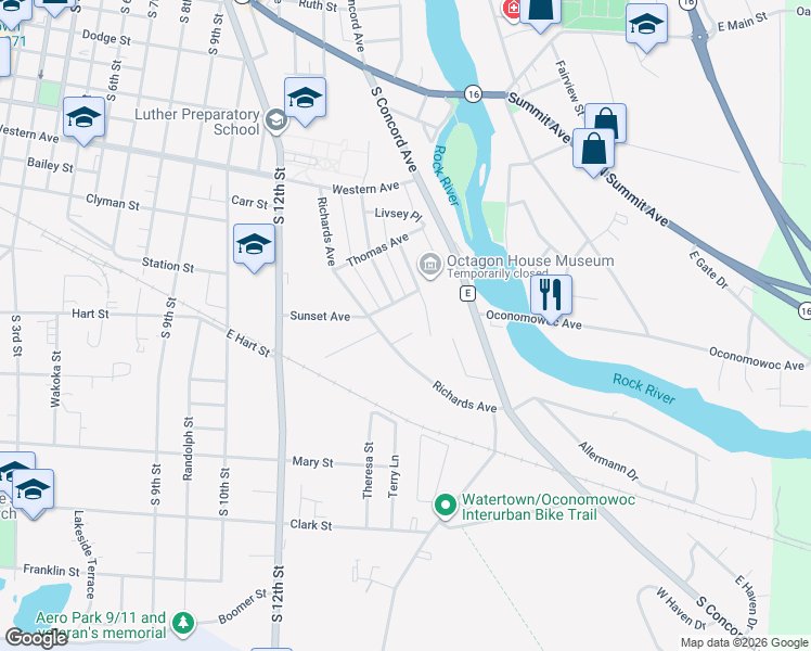 map of restaurants, bars, coffee shops, grocery stores, and more near 1318 Octagon Court in Watertown