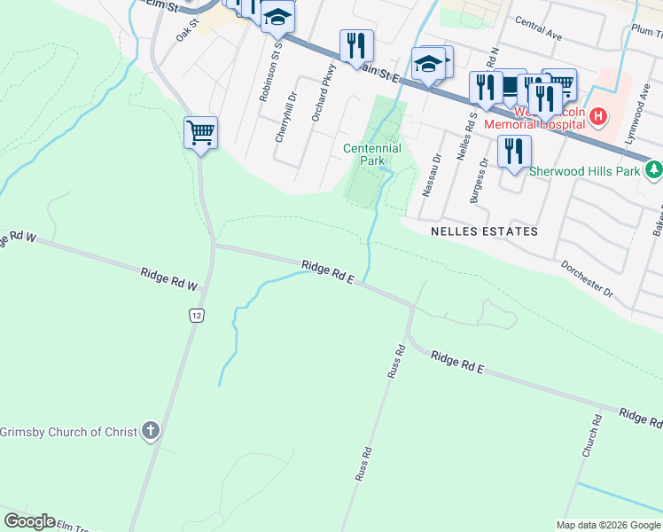 map of restaurants, bars, coffee shops, grocery stores, and more near 51 Ridge Road East in Grimsby