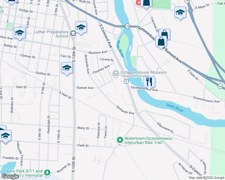 map of restaurants, bars, coffee shops, grocery stores, and more near 1318 Octagon Court in Watertown