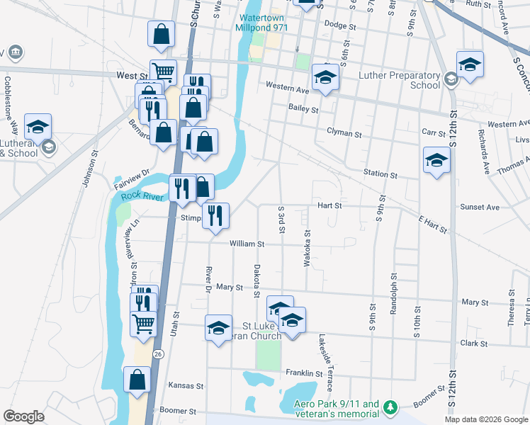 map of restaurants, bars, coffee shops, grocery stores, and more near 1111 Dakota Street in Watertown