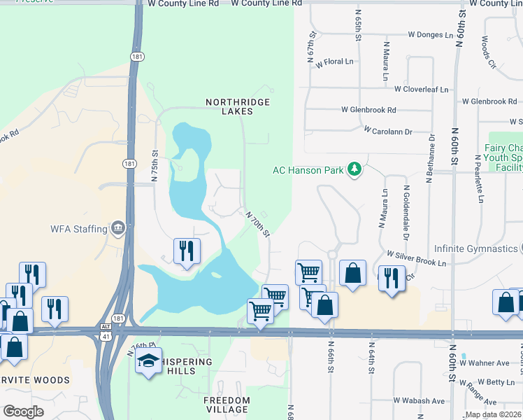 map of restaurants, bars, coffee shops, grocery stores, and more near 9004 North 70th Street in Milwaukee