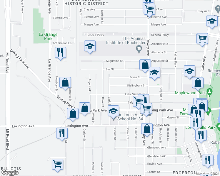 map of restaurants, bars, coffee shops, grocery stores, and more near 257 Kislingbury Street in Rochester