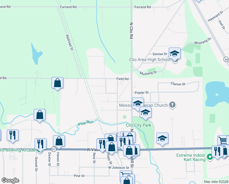 map of restaurants, bars, coffee shops, grocery stores, and more near 212 Darrow Street in Clio