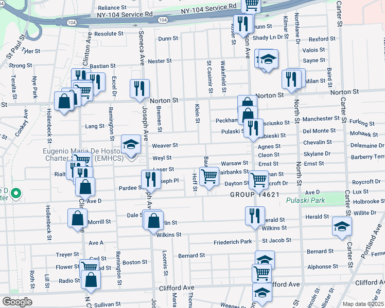map of restaurants, bars, coffee shops, grocery stores, and more near 132 Weyl Street in Rochester