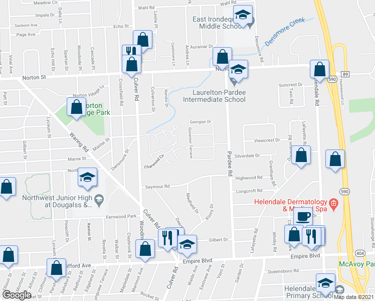 map of restaurants, bars, coffee shops, grocery stores, and more near 73 Governor Terrace in Rochester