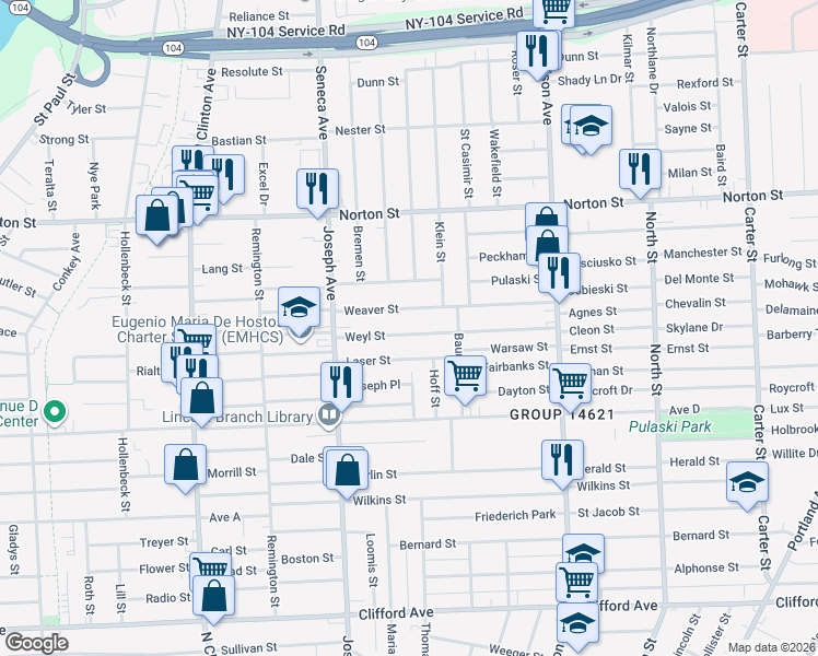 map of restaurants, bars, coffee shops, grocery stores, and more near 187 Weaver Street in Rochester