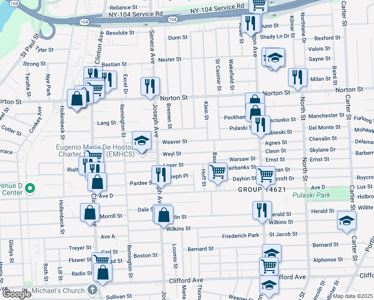 map of restaurants, bars, coffee shops, grocery stores, and more near 187 Weaver Street in Rochester