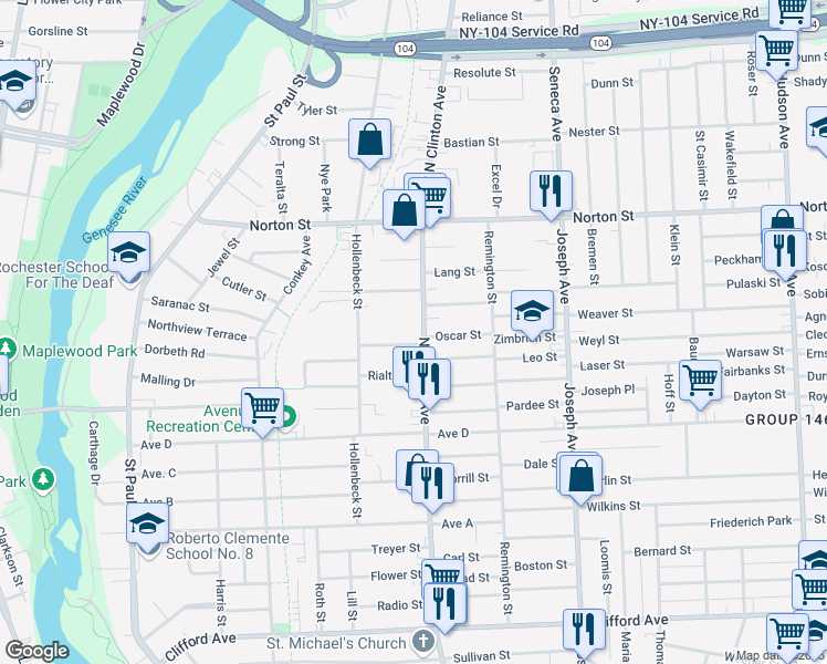 map of restaurants, bars, coffee shops, grocery stores, and more near 1309 North Clinton Avenue in Rochester