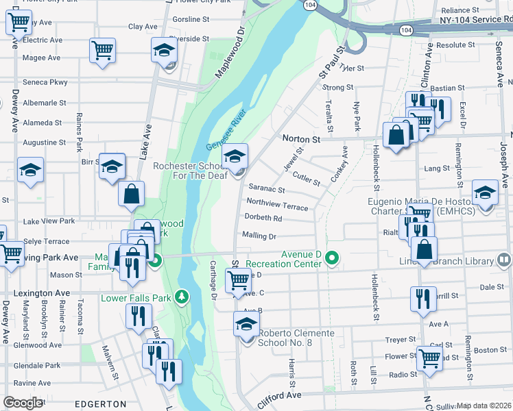 map of restaurants, bars, coffee shops, grocery stores, and more near 44 Northview Terrace in Rochester