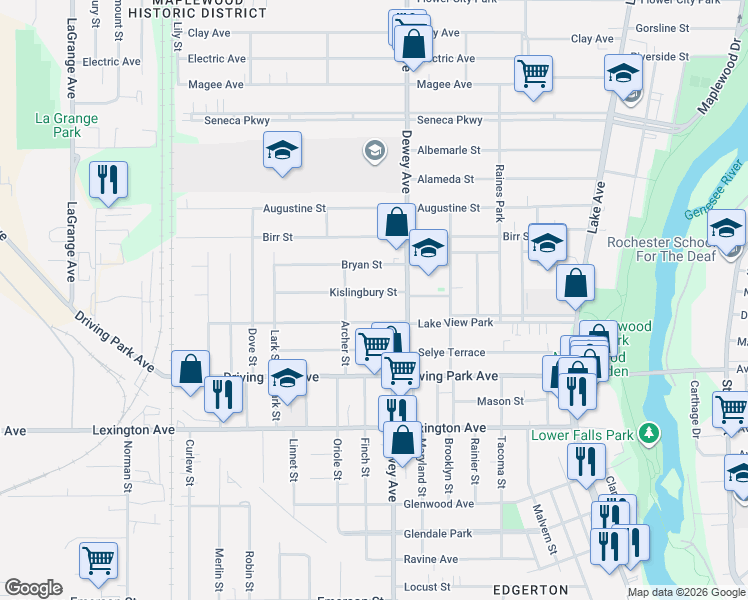 map of restaurants, bars, coffee shops, grocery stores, and more near 97 Kislingbury Street in Rochester