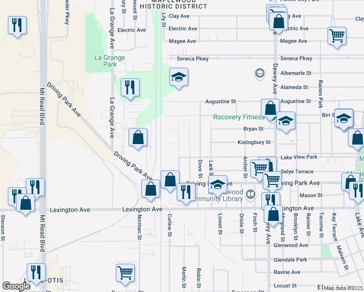 map of restaurants, bars, coffee shops, grocery stores, and more near 120 Argo Park in Rochester