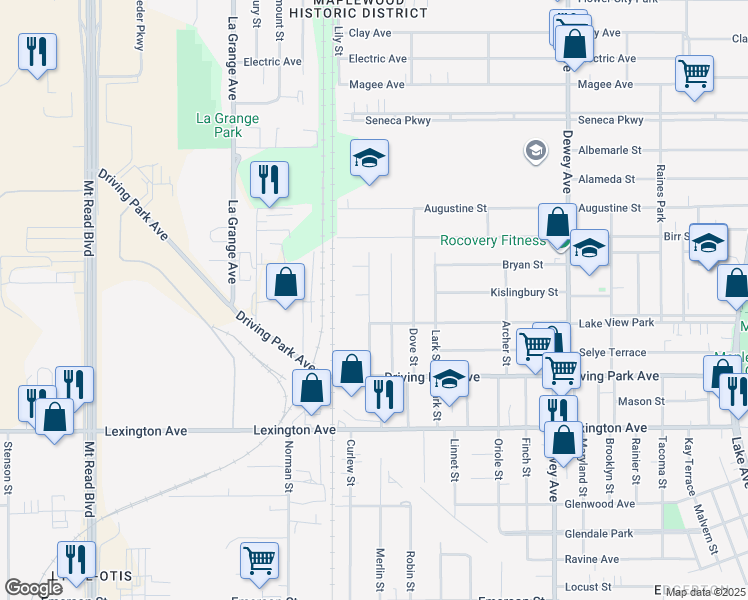 map of restaurants, bars, coffee shops, grocery stores, and more near 120 Argo Park in Rochester