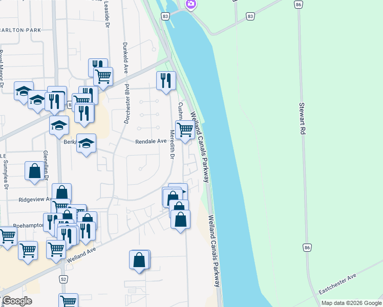 map of restaurants, bars, coffee shops, grocery stores, and more near in St. Catharines