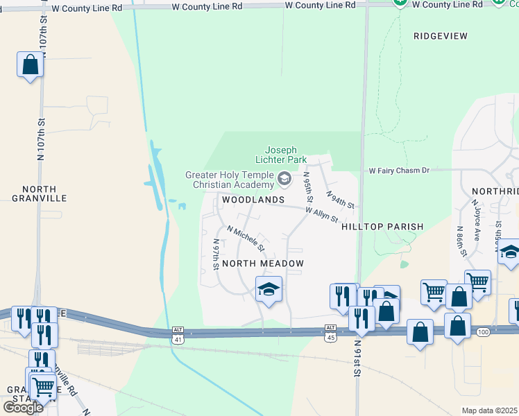 map of restaurants, bars, coffee shops, grocery stores, and more near 9591 West Allyn Street in Milwaukee
