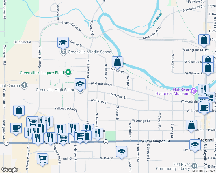 map of restaurants, bars, coffee shops, grocery stores, and more near 917 West Montcalm Street in Greenville