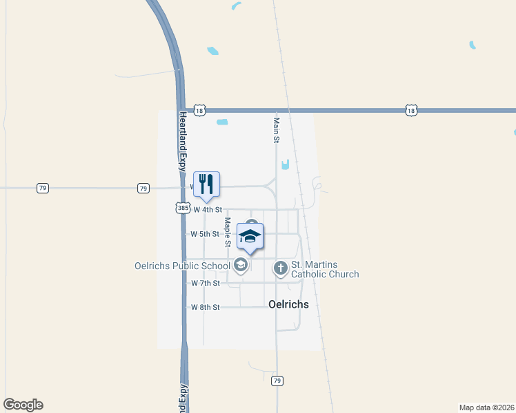 map of restaurants, bars, coffee shops, grocery stores, and more near 300-434 W 4th St in Oelrichs