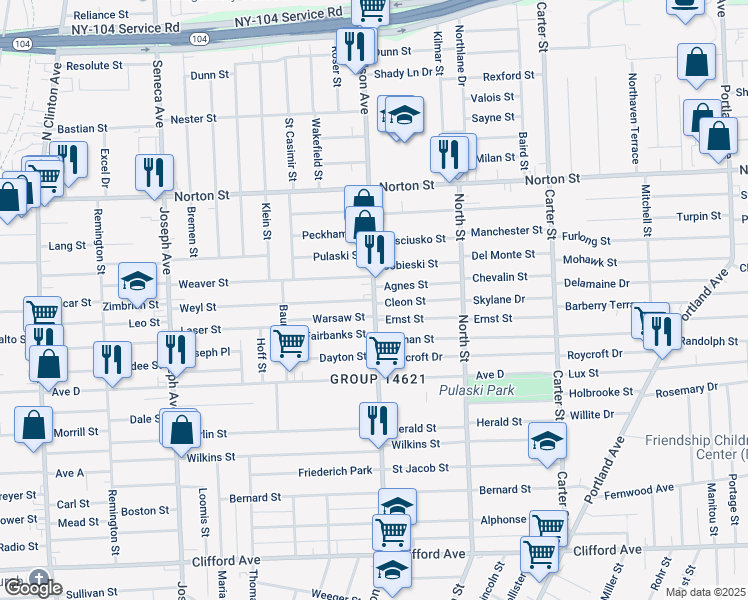 map of restaurants, bars, coffee shops, grocery stores, and more near Hudson Ave & Weyl St in Rochester