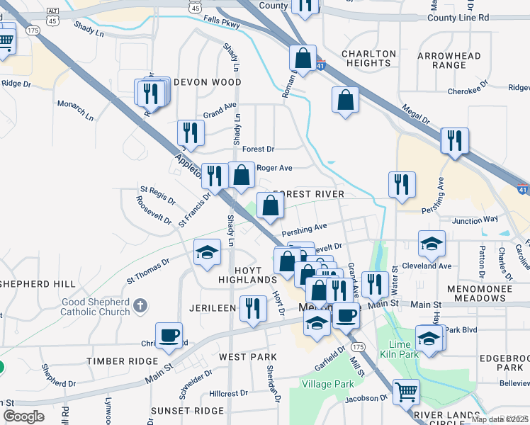map of restaurants, bars, coffee shops, grocery stores, and more near N91W17174 Appleton Avenue in Menomonee Falls