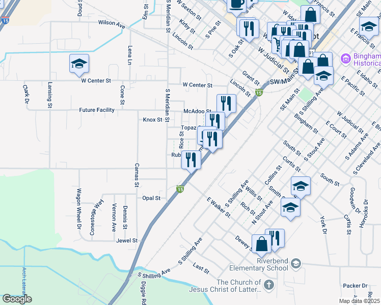 map of restaurants, bars, coffee shops, grocery stores, and more near 275 Ruby Street in Blackfoot