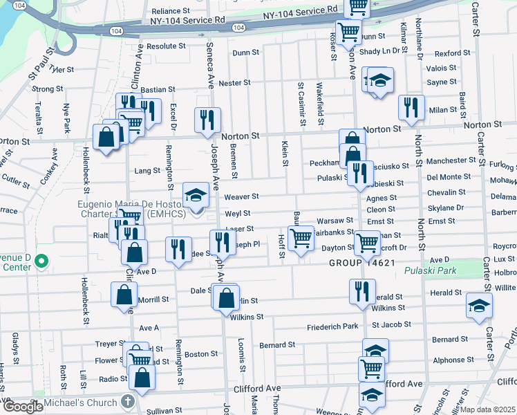 map of restaurants, bars, coffee shops, grocery stores, and more near 187 Weaver Street in Rochester