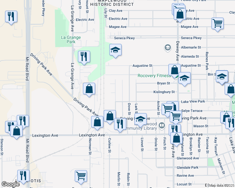 map of restaurants, bars, coffee shops, grocery stores, and more near 120 Argo Park in Rochester