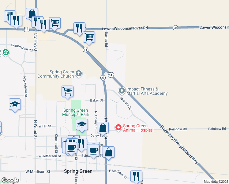 map of restaurants, bars, coffee shops, grocery stores, and more near 533 Sunrise Drive in Spring Green