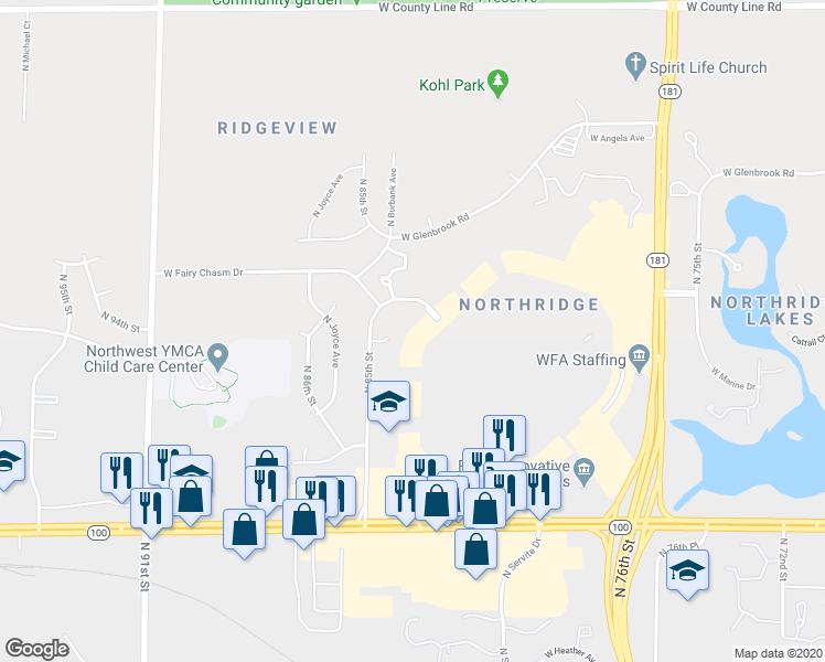 map of restaurants, bars, coffee shops, grocery stores, and more near 9045 North Northridge Mall Road in Milwaukee
