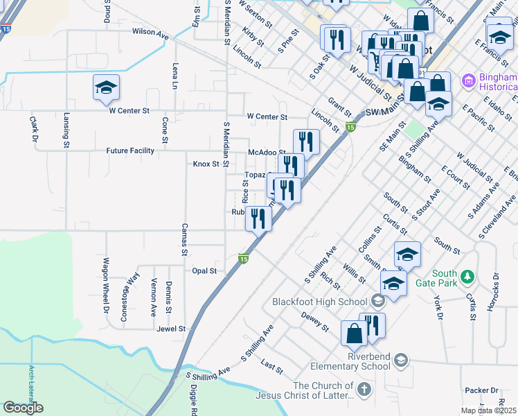 map of restaurants, bars, coffee shops, grocery stores, and more near 225 Ruby Street in Blackfoot