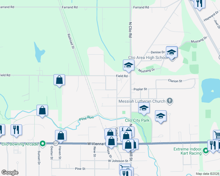 map of restaurants, bars, coffee shops, grocery stores, and more near 212 Darrow Street in Clio
