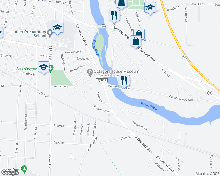 map of restaurants, bars, coffee shops, grocery stores, and more near 1405 Oconomowoc Avenue in Watertown