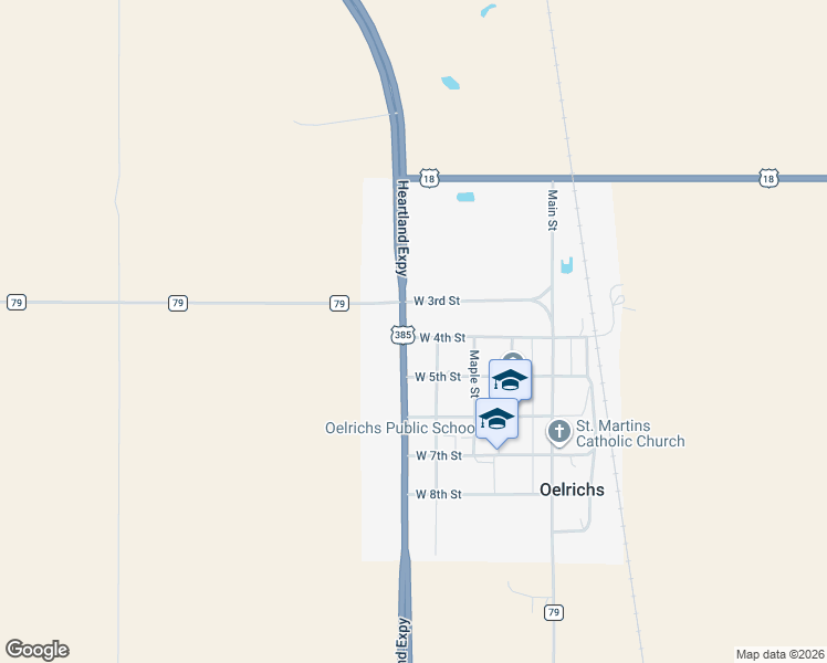 map of restaurants, bars, coffee shops, grocery stores, and more near U.S. 385 in Oelrichs