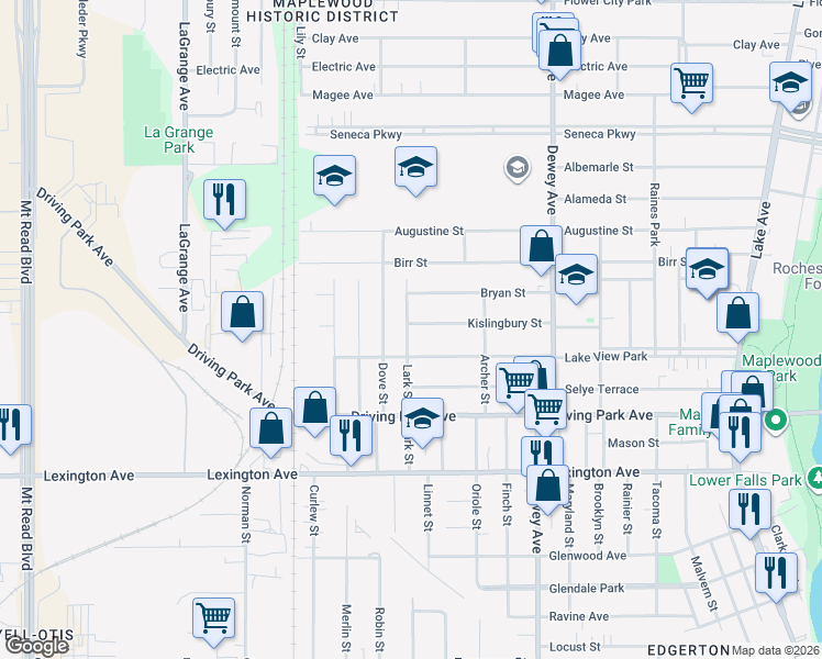 map of restaurants, bars, coffee shops, grocery stores, and more near 257 Kislingbury Street in Rochester