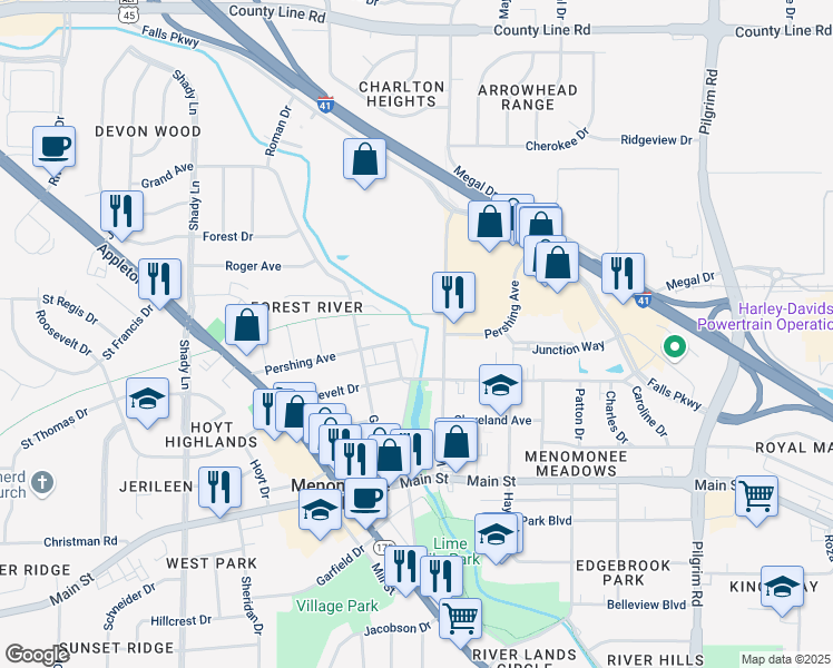 map of restaurants, bars, coffee shops, grocery stores, and more near N91W16480 Pershing Avenue in Menomonee Falls