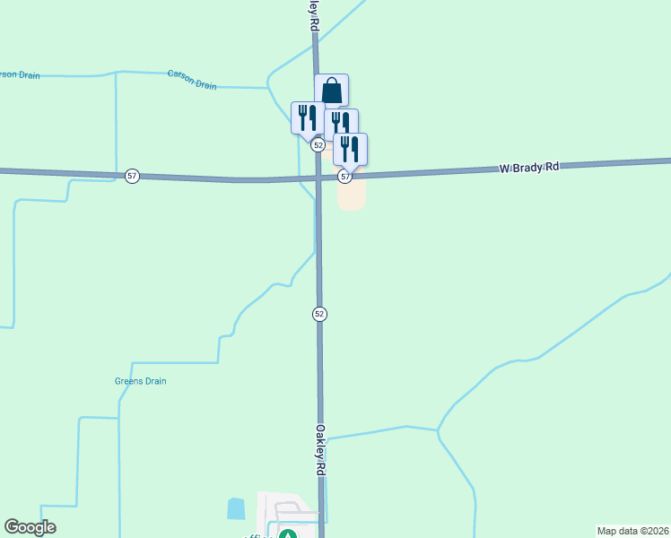 map of restaurants, bars, coffee shops, grocery stores, and more near 16325 Oakley Road in Chesaning