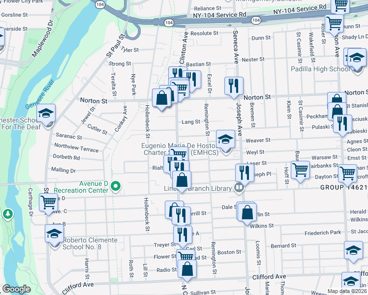 map of restaurants, bars, coffee shops, grocery stores, and more near 4 Oscar Street in Rochester