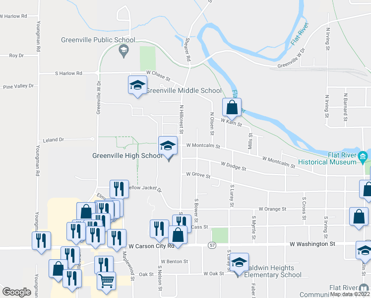 map of restaurants, bars, coffee shops, grocery stores, and more near 1109 West Montcalm Street in Greenville
