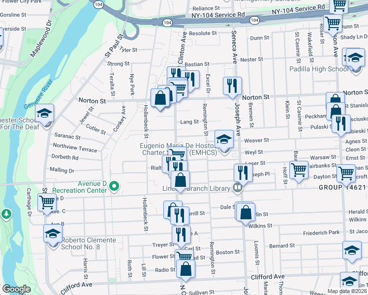 map of restaurants, bars, coffee shops, grocery stores, and more near 4 Oscar Street in Rochester