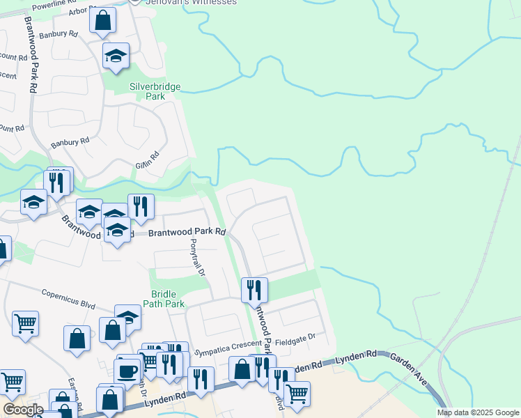 map of restaurants, bars, coffee shops, grocery stores, and more near 95 Lynden Hill Crescent in Brantford
